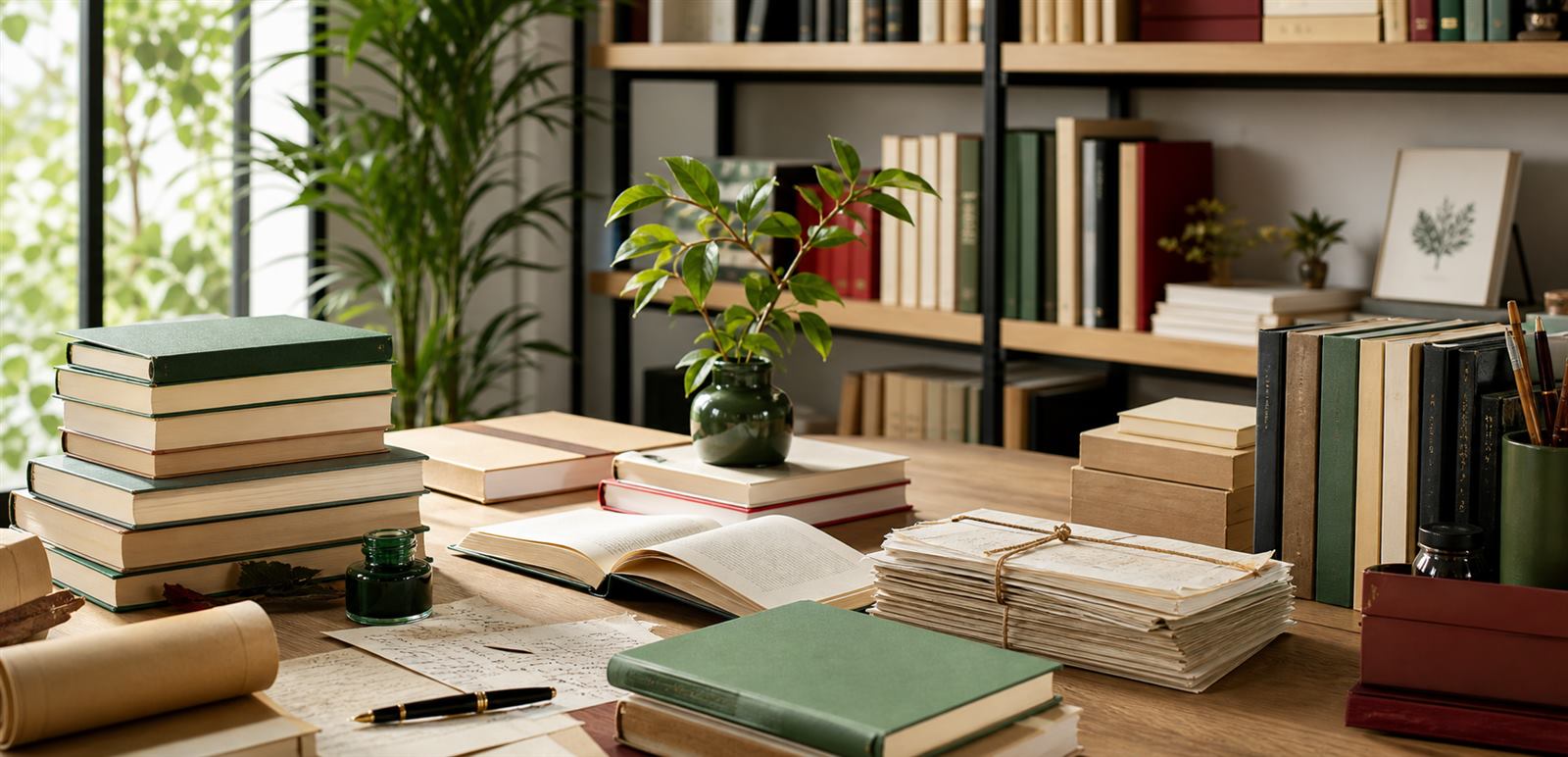 Meja penerbitan modern dengan buku dan naskah